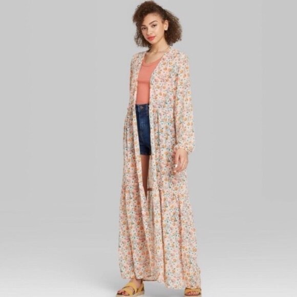 WILD FABLE | Women's Pink Sheer Bohemian Open Front Floral Kimono | Size M/L - Picture 1 of 12
